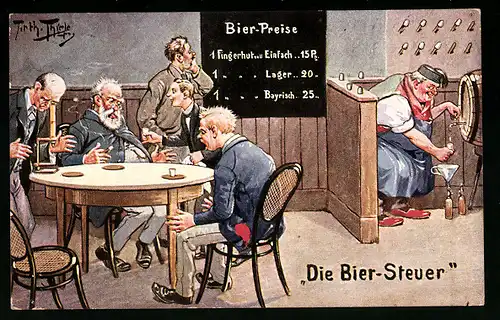 Künstler-AK Arthur Thiele: Die Biersteuer, Gasthausszene mit Wissenschaftler am Mikroskop