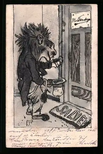 Künstler-AK Handgemalt: Bettler Löwe klingelt an einer Tür, vermenschlichte Tiere