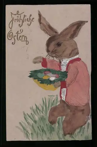 Künstler-AK Handgemalt: Osterhase mit Osternest, Ostergruss