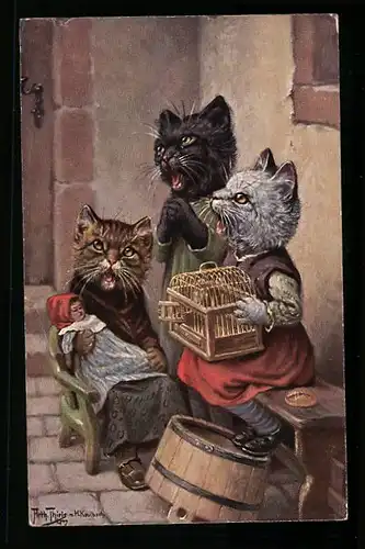 Künstler-AK Arthur Thiele: Es ist bestimmt in Gottes Rat, Singende Katzen mit Puppe und Vogelkäfig