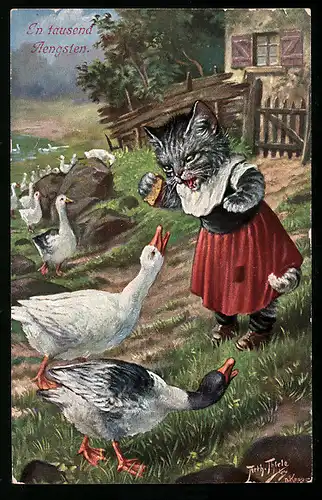 Künstler-AK Arthur Thiele: In tausend Aengsten, Katze und Gänse