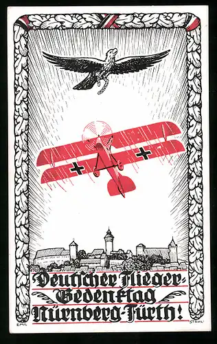 AK Nürnberg, Deutscher Flieger Gedenktag Nürnberg-Fürth 1924, Flugzeug Roter Baron fliegt über der Stadt, Reichsadler