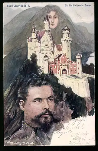 Künstler-AK Fritz Hass: Schloss Neuschwanstein, Berg mit Gesicht / Berggesichter, Ludiwg II.