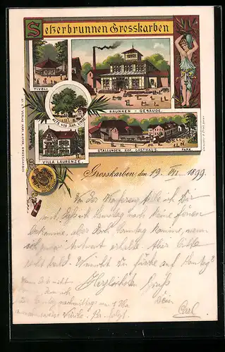 Lithographie Grosskarben, Selzerbrunnen, Alte 400jährige Linde, Brunnen-Gebäude