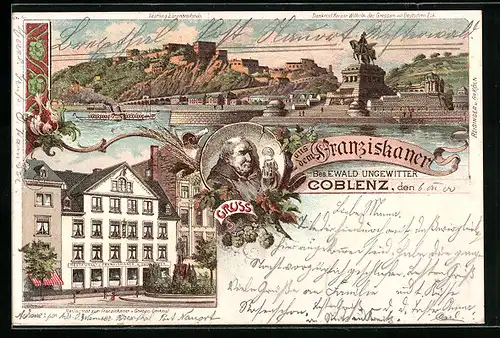 Lithographie Coblenz, Restaurant Zum Franziskaner, Bes. Ewald Ungewitter, Festung Ehrenbreitstein, Denkmal