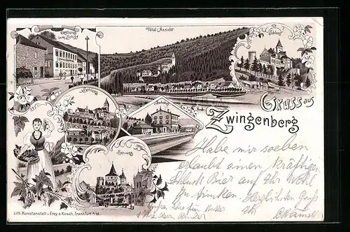 Lithographie Zwingenberg, Gasthaus zum Schiff, Bahnhof, Schloss