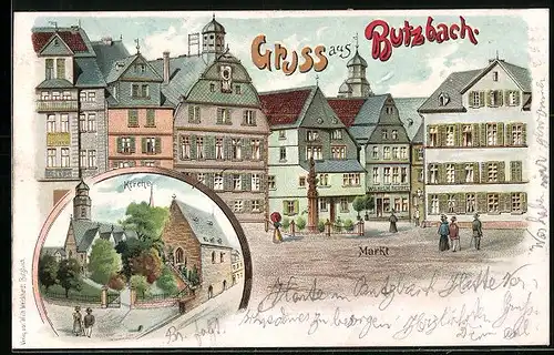 Lithographie Butzbach, Geschäft v. Wilhelm Seippel, Markt, Kirche