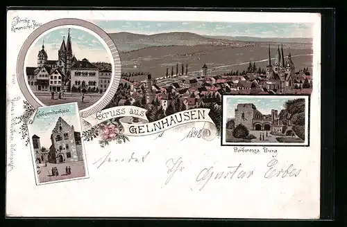Lithographie Gelnhausen, Kirche, Romanisches Haus, Johanniterhaus, Barbarossa-Burg
