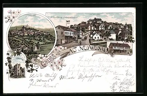 Lithographie Weilrod, Hotel & Pension zur schönen Aussicht, Landstein, Ortsansicht