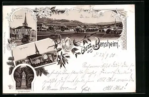 Lithographie Bensheim, Marktplatz mit Rathaus, Kath. Kirche