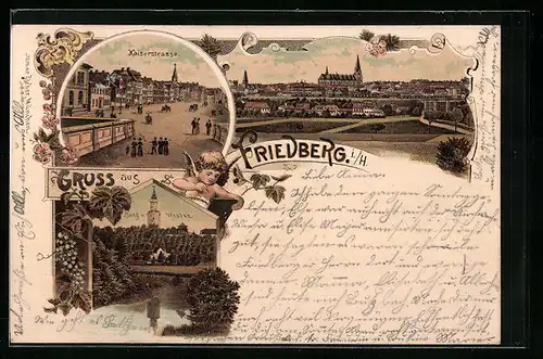 Lithographie Friedberg i. H., Blick auf die Kaiserstrasse, Burg v. Westen