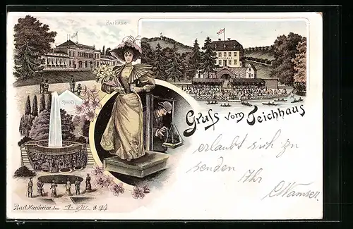 Lithographie Bad Nauheim, Gasthof Teichhaus, Kurhaus, Sprudel