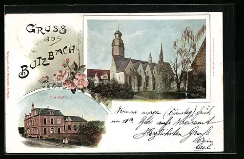 Lithographie Butzbach, Kirche, Turnhalle