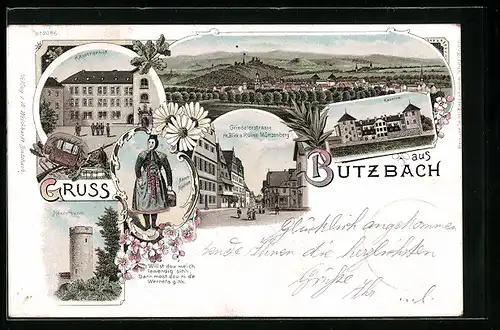 Lithographie Butzbach, Kaserne, Kasernenhof, Hexenturm