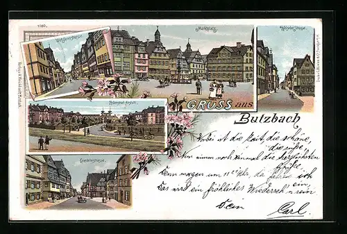 Lithographie Butzbach, Zellenstraf-Anstalt, Marktplatz, Griedelerstrasse