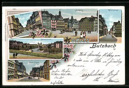 Lithographie Butzbach, Zellenstraf-Anstalt, Marktplatz, Griedelerstrasse