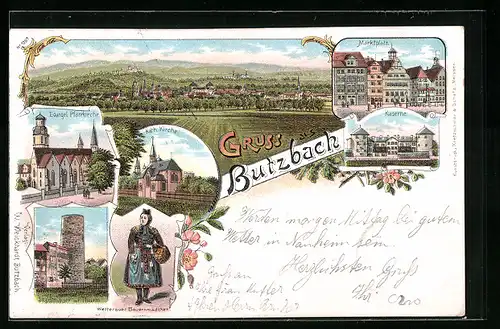 Lithographie Butzbach, Kaserne, Evangelische Pfarrkirche, Marktplatz