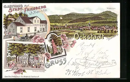 Lithographie Ockstadt, Gasthaus zur Stadt-Friedberg, Kriegerdenkmal, Ortsansicht