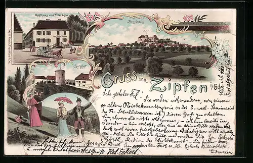 Lithographie Zipfen i. Od., Gasthaus zum Weiler, Burg Otzberg, Burghof
