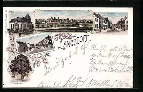 Lithographie Langsdorf, Kirche, Licher-Strasse, Hauptstrasse