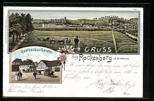 Lithographie Rockenberg i. d. Wetterau, Gasthaus zur Gerste, Ortspartie mit Rinderherde