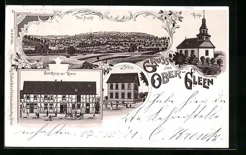 Lithographie Ober-Gleen, Gasthaus zur Krone, Schule, Kirche