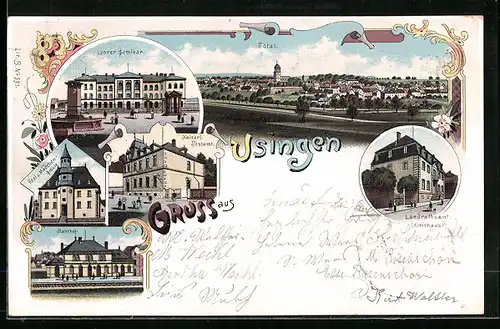 Lithographie Usingen, Totalansicht, Lehrer-Seminar, Bahnhof, Real- und Mädchen-Schule
