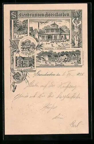 Lithographie Grosskarben, Selzerbrunnen, Gasthaus, Stallungen, Hof und Park, Villa Laurenze, Brunnen-Gebäude