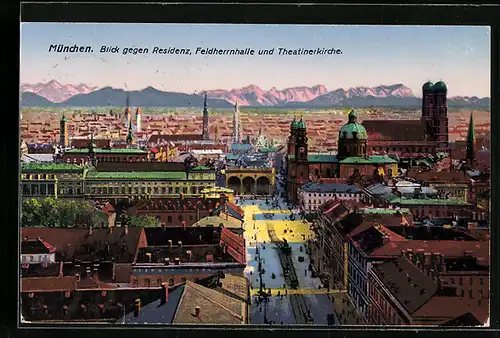 AK München, Blick gegen Residenz, Feldherrnhalle und Theatinerkirche am Odeonsplatz