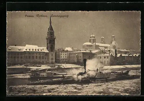 AK Passau, Rathaus und Landungsplatz im Winter