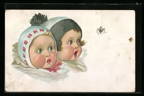 AK Zwei Babys starren auf eine Spinne am Faden