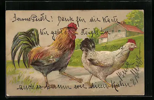 Präge-Lithographie Hühner vor einem Bauernhof