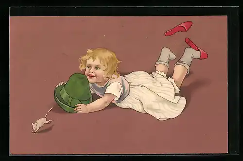 AK Kleine Mäusefängerin mit grünem Filzhut