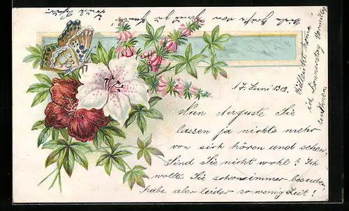 Lithographie Schmetterling auf blühenden Blumen