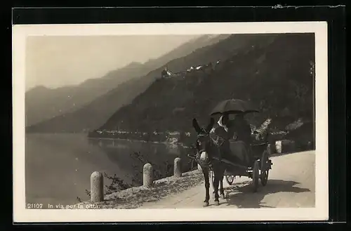 AK Unterwegs mit Eselskutsche und Schirm am Wasser in den Bergen