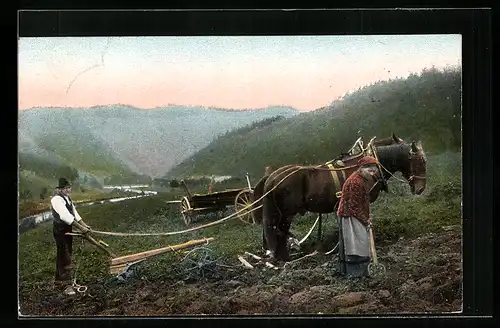 AK Bauernpaar beim Pflügen mit Pferdegespann