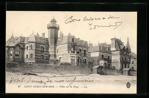 AK Saint-Aubin, Villas sur Plage, Strandpartie mit Leuchtturm