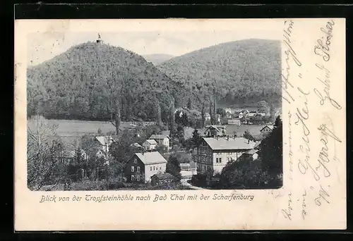 AK Bad Thal, Blick von der Tropfsteinhöhle auf den Ort mit der Scharfenburg