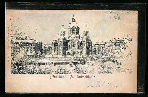 AK München, St. Lukaskirche im Winter