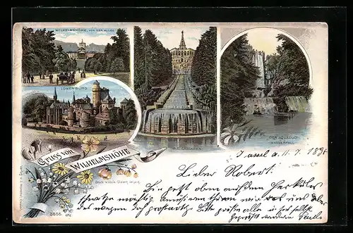 Lithographie Kassel, Wilhelmshöhe von der Allee aus gesehen, Blick auf die Löwenburg, die Cascaden