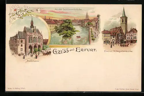 Lithographie Erfurt, Rathaus, an der Schlösserbrücke, Ehem. St. Aegidienkirche