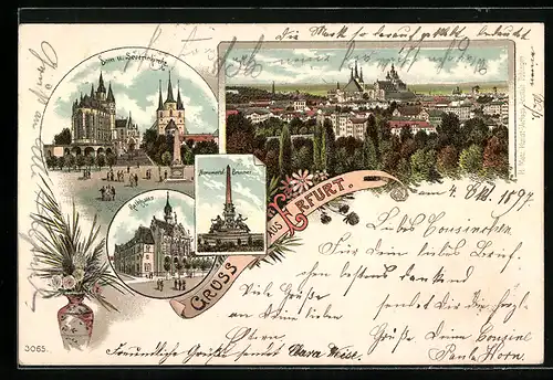 Lithographie Erfurt, Gesamtansicht, Monumentalbrunnen, Dom und Severinkirche