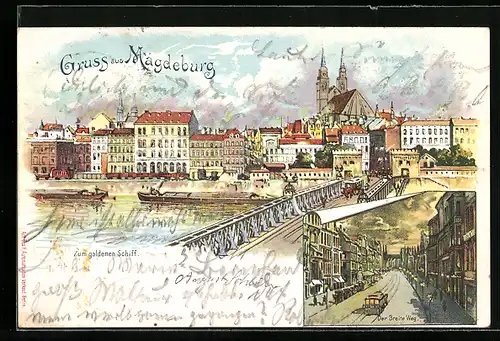 Lithographie Magdeburg, Zum goldenen Schiff, Der Breite Weg