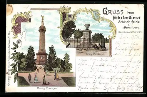 Lithographie Hakenberg, Fehrbelliner Schlachtfeld, Denkmäler des Grossen Kurfürsten, Neues Denkmal, Altes Denkmal