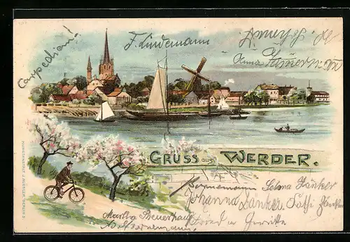 Lithographie Werder, Uferpartie mit Windmühle, Segelboot und Radfahrer