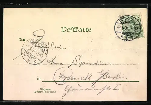 Lithographie Werder, Uferpartie mit Windmühle, Segelboot und Radfahrer