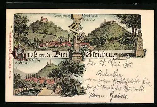 Lithographie Wachsenburg, Schloss Gleichen, Mühlburg