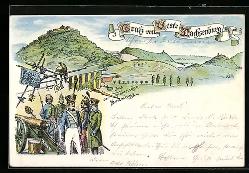 Lithographie Wachsenburg, Soldaten mit Kanone, Veste Wachsenburg