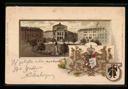 Passepartout-Lithographie München, Gärtnerplatz mit Denkmal aus der Vogelschau, Wappen, Kindl