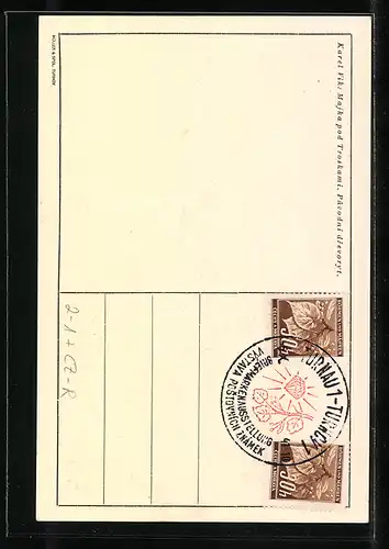 AK Turnau / Turnov, Bauernhaus mit Berg im Hintergrund, Briefmarken-Ausstellung 5.-12.10.1941